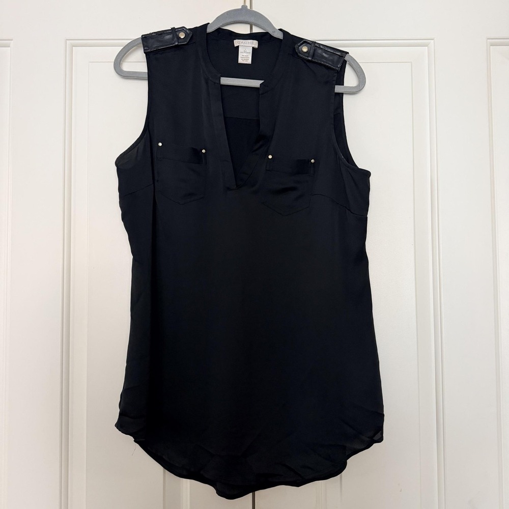 VTG Cache Top Womens L Black Satin Sleeveless Tunic Utility Pocket Blouse V Neck